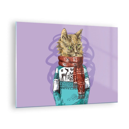 Quadro em vidro - Um gato com um suéter e cachecol em um fundo roxo - 70x50cm - Gato não só de botas - Decoração de parede moderna para a sala de estar e quarto ARTTOR