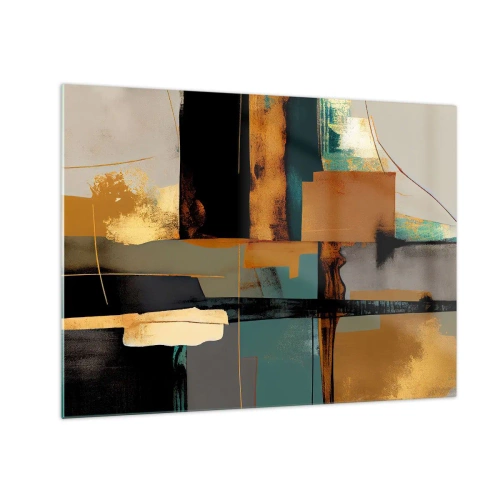Quadro em vidro - Abstração moderna com contrastes de ouro, preto e turquesa - 70x50cm - Abstração – luz e sombra - Decoração de parede moderna para a sala de estar e quarto ARTTOR