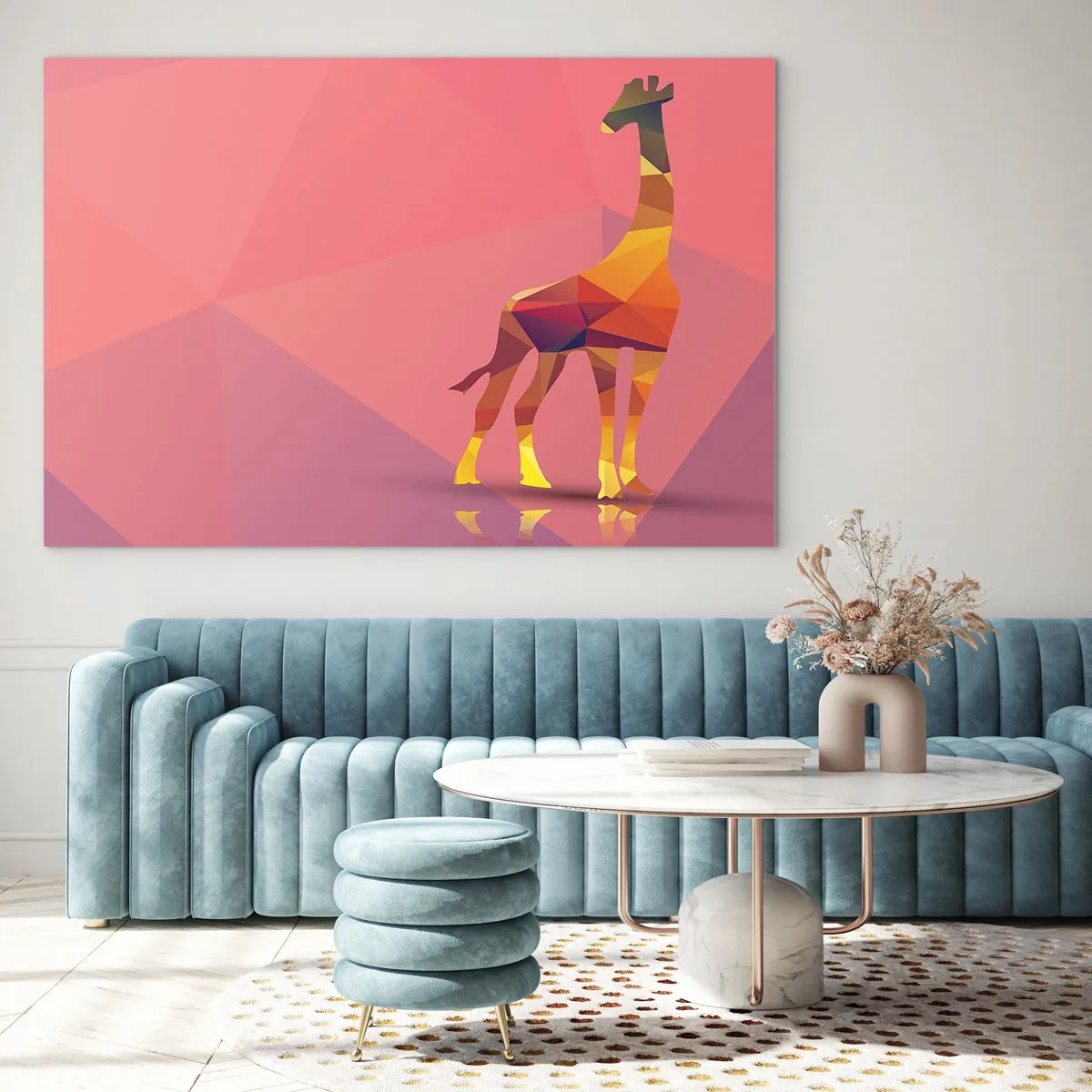 Quadro em vidro - Girafa geométrica em fundo pastel - 70x50cm - Nas cores da savana - Decoração de parede moderna para a sala de estar e quarto ARTTOR