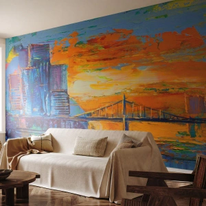 Papel de Parede Standard Eco - Panorama abstrato da cidade em cores intensas - 100x70cm - Cultura e natureza - Decoração de parede moderna para a sala de estar e quarto ARTTOR