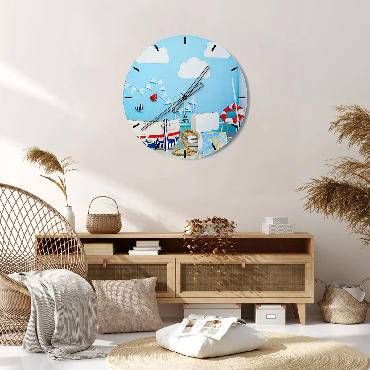 Relógio de parede - Relógio em vidro - Tema náutico com fundo azul - 30x30cm - Saudade infantil da aventura - Decoração de parede moderna para a sala de estar, cozinha e quarto ARTTOR
