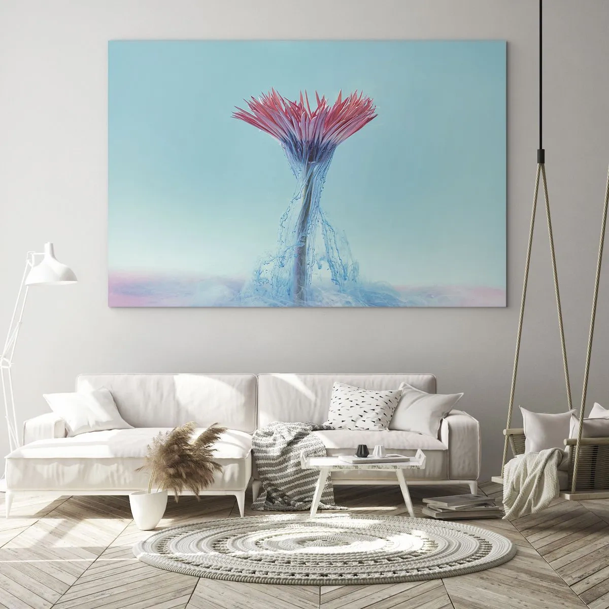 Quadro em vidro - Uma flor fantasiosa imersa em uma névoa azul e rosa - 70x50cm - Num abraço revigorante - Decoração de parede moderna para a sala de estar e quarto ARTTOR