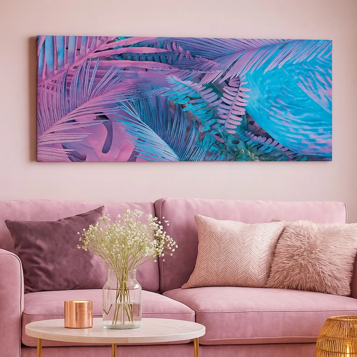 Quadro em tela - Trópicos em rosa e azul - 100x40 cm