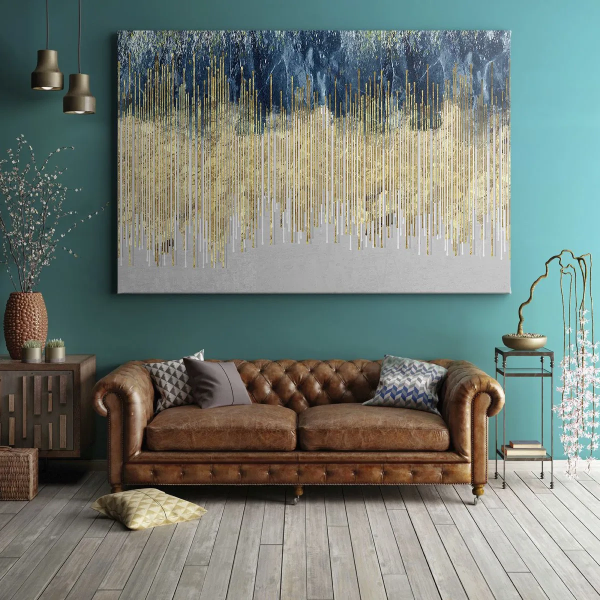 Quadro em tela - Linhas douradas sobre um fundo de abstração azul marinho e cinza - 70x50cm - Borda dourada - Decoração de parede moderna para a sala de estar e quarto ARTTOR