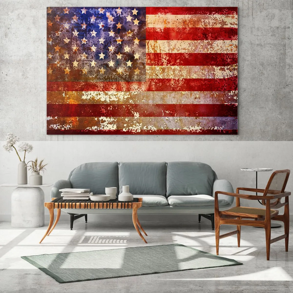 Quadro em vidro - Bandeira americana enferrujada - 70x50cm - A glória não será esquecida - Decoração de parede moderna para a sala de estar e quarto ARTTOR