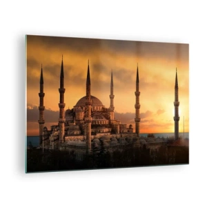 Quadro em vidro - A Mesquita Azul com o pôr do sol ao fundo - 70x50cm - Deus é grande - Decoração de parede moderna para a sala de estar e quarto ARTTOR