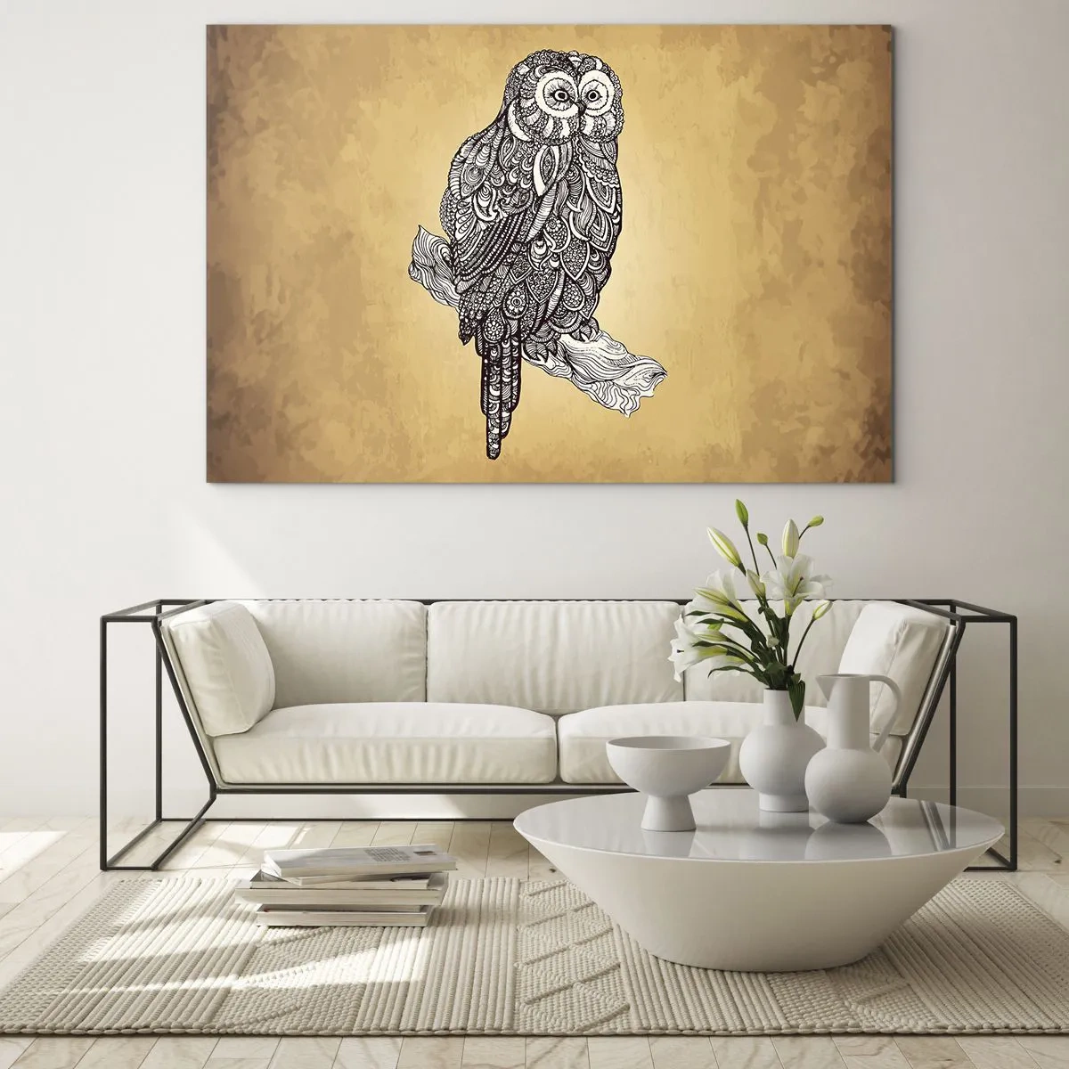 Quadro em vidro - Coruja de estilo ornamental em fundo sépia - 70x50cm - Ornamentos intrincados de sabedoria - Decoração de parede moderna para a sala de estar e quarto ARTTOR