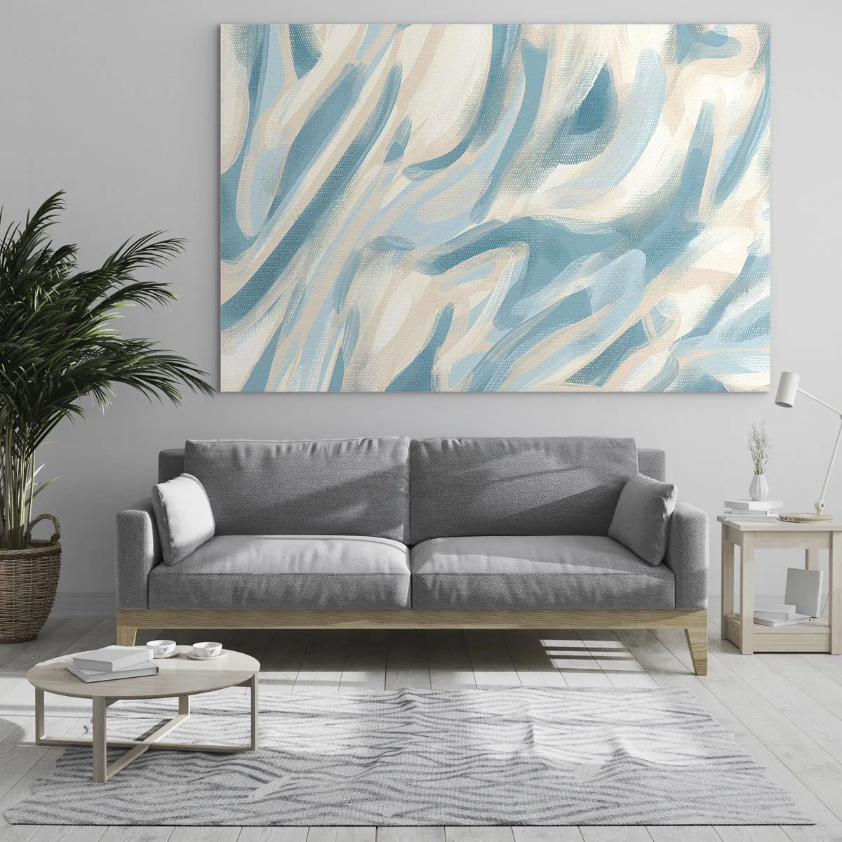 Quadro em vidro - Pinceladas abstratas em cores azul e creme. - 70x50cm - Brisas de primavera - Decoração de parede moderna para a sala de estar e quarto ARTTOR