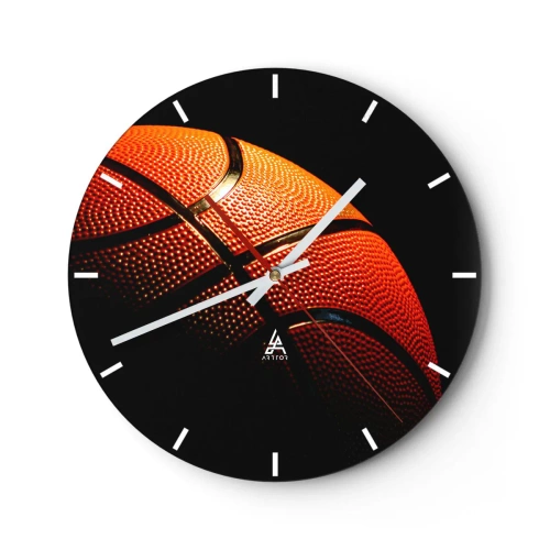 Relógio de parede - Relógio em vidro - Basquete em fundo escuro - 30x30cm - Linda como um planeta - Decoração de parede moderna para a sala de estar, cozinha e quarto ARTTOR