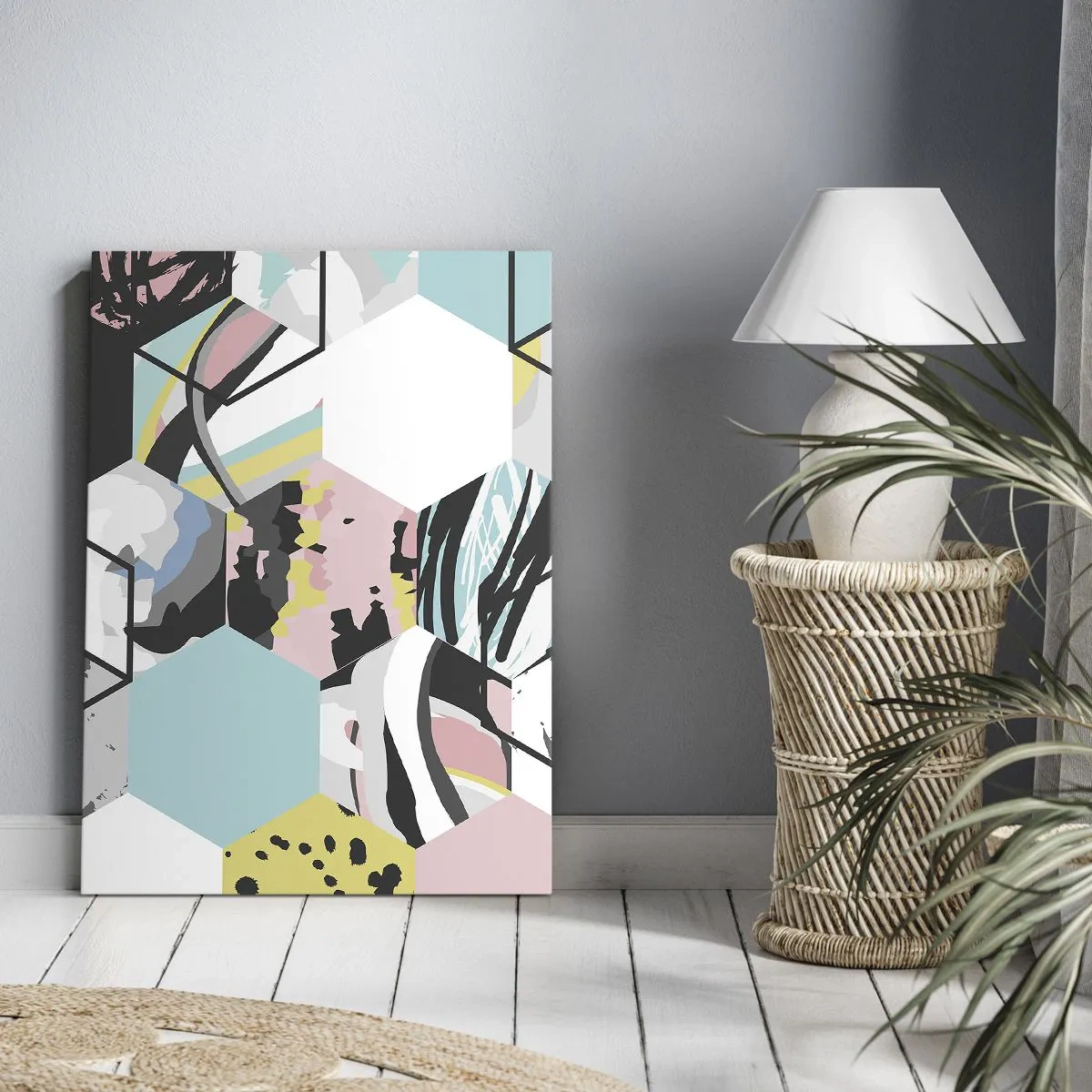 Quadro em tela - Hexágonos e cubos em seis cores - 50x70 cm
