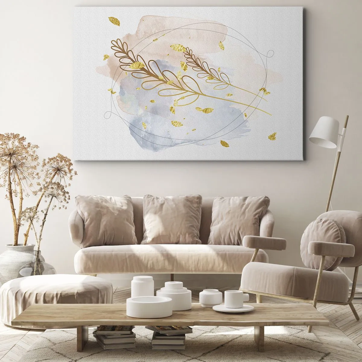 Quadro em tela - Um delicado motivo de folha dourada em um fundo pastel com detalhes em aquarela. - 70x50cm - Explosão dourada - Decoração de parede moderna para a sala de estar e quarto ARTTOR