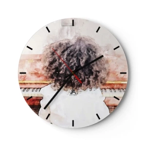 Relógio de parede - Relógio em vidro - Uma criança tocando piano, vista de trás em um estilo artístico. - 30x30cm - Num mundo novo - Decoração de parede moderna para a sala de estar, cozinha e quarto ARTTOR