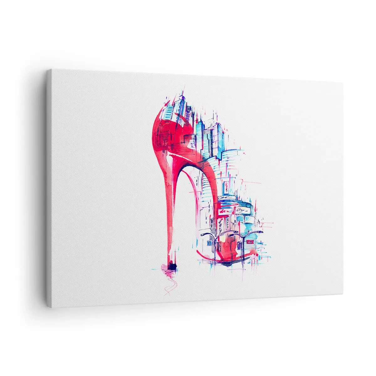 Quadro em tela - Salto agulha vermelho abstrato com detalhes urbanos - 70x50cm - Elegância metropolitana - Decoração de parede moderna para a sala de estar e quarto ARTTOR