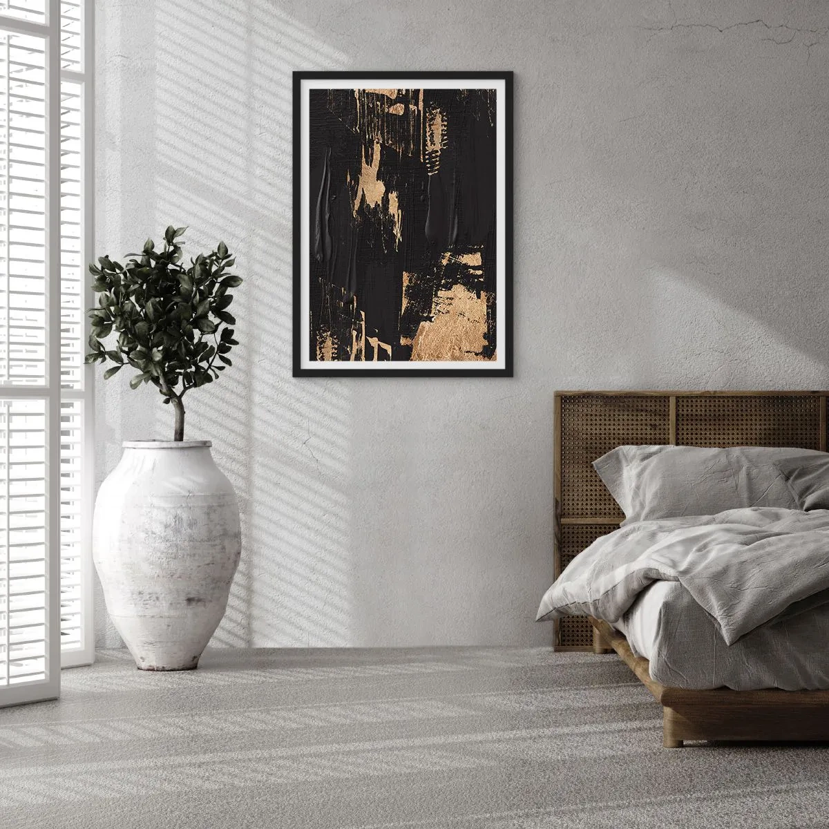 Pôster com moldura preta - Composição de pintura abstrata em preto e dourado - 50x70cm - Rastro de toque - Decoração de parede moderna para a sala de estar e quarto ARTTOR