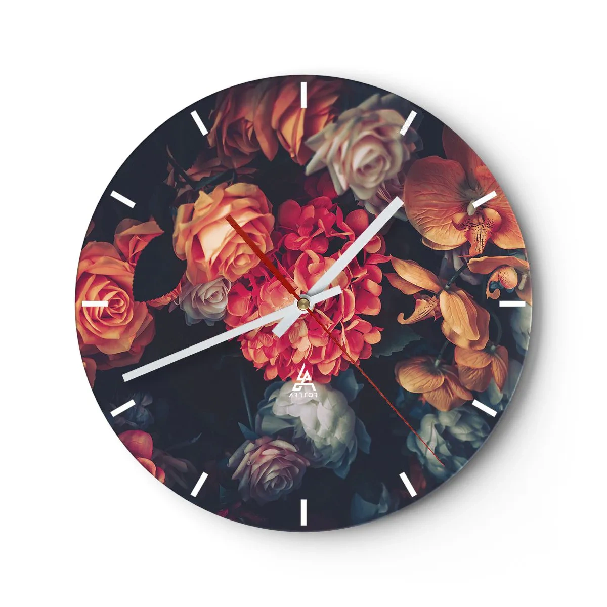 Relógio de parede - Relógio em vidro - Arranjo floral em estilo barroco sobre fundo escuro - 30x30cm - Como nos mestres holandeses - Decoração de parede moderna para a sala de estar, cozinha e quarto ARTTOR