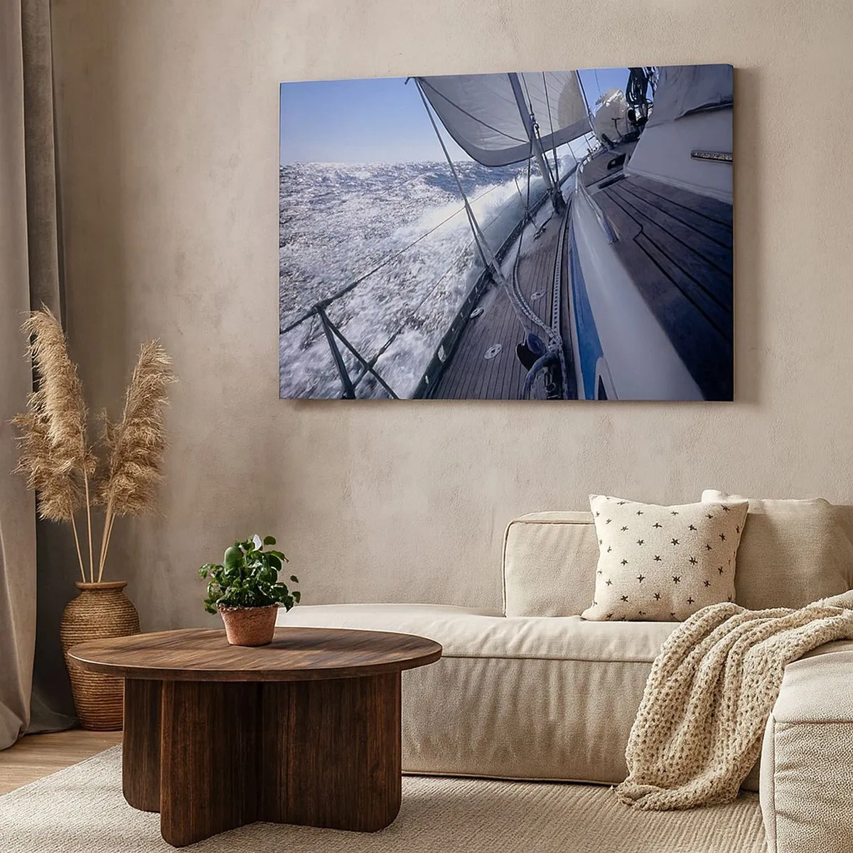Quadro em tela - Um veleiro em um mar tempestuoso com velas brancas e um convés de madeira. - 70x50cm - Eu sei o que é ser um pássaro - Decoração de parede moderna para a sala de estar e quarto ARTTOR