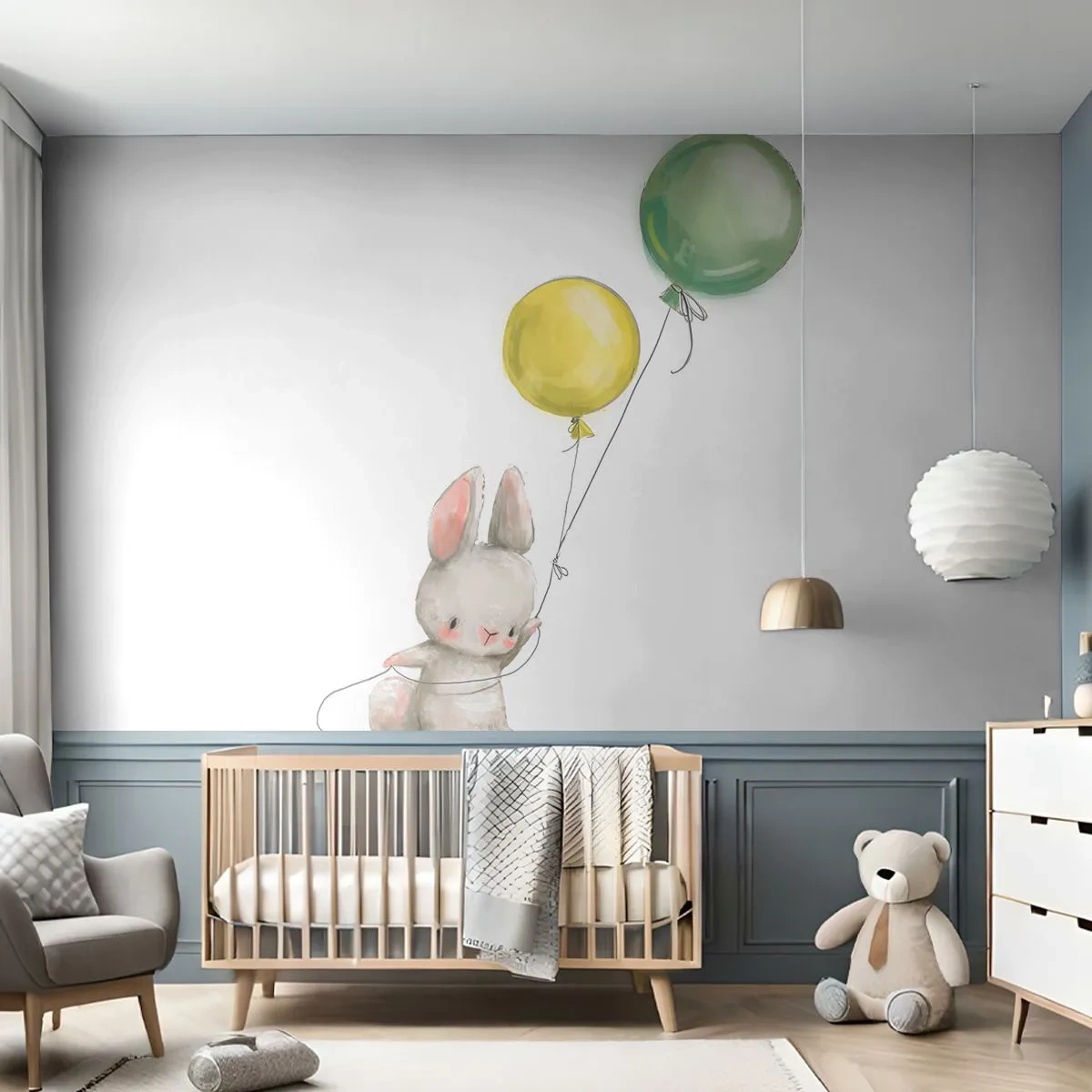 Papel de Parede Standard Eco - Coelhinho adorável flutuando em balões em aquarela - 100x70cm - Também quero voar! - Decoração de parede moderna para a sala de estar e quarto ARTTOR