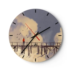 Relógio de parede - Relógio em vidro - Uma figura em uma ponte com pássaros contra o fundo do céu e nuvens - 30x30cm - Saudade azul - Decoração de parede moderna para a sala de estar, cozinha e quarto ARTTOR