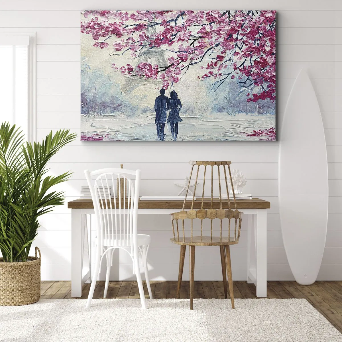 Quadro em tela - Um casal sob árvores cor-de-rosa floridas em um ambiente romântico - 70x50cm - Passeio romântico - Decoração de parede moderna para a sala de estar e quarto ARTTOR