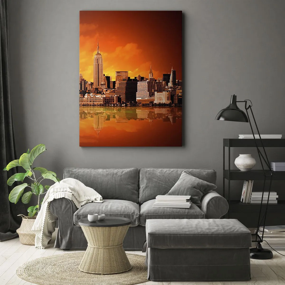 Quadro em tela - Panorama metropolitano em amarelo e bronze - 55x100 cm