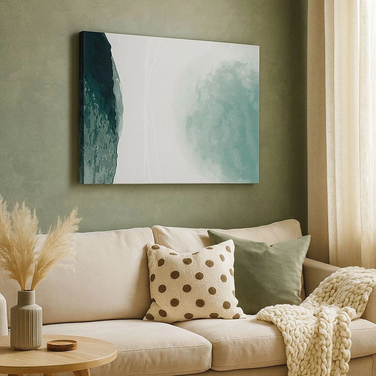 Quadro em tela - Uma delicada composição abstrata em tons de verde com formas sutis sobre um fundo claro. - 70x50cm - Encontro com a neblina - Decoração de parede moderna para a sala de estar e quarto ARTTOR