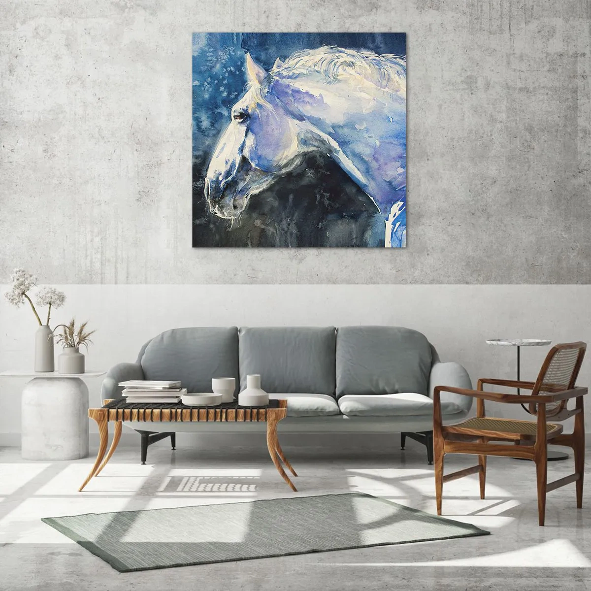 Quadro em vidro - Retrato com um brilho azul - 70x70 cm