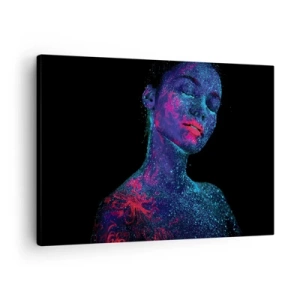 Quadro em tela - Retrato de uma mulher em cores neon sobre fundo preto - 70x50cm - Na poeira estelar - Decoração de parede moderna para a sala de estar e quarto ARTTOR
