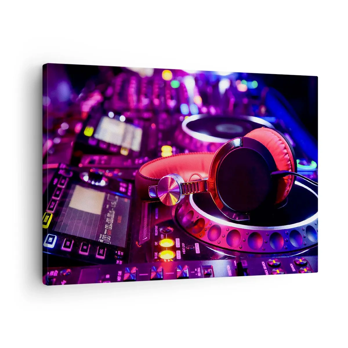Quadro em tela - Fones de ouvido de DJ em um console com iluminação neon - 70x50cm - Antes da diversão começar - Decoração de parede moderna para a sala de estar e quarto ARTTOR