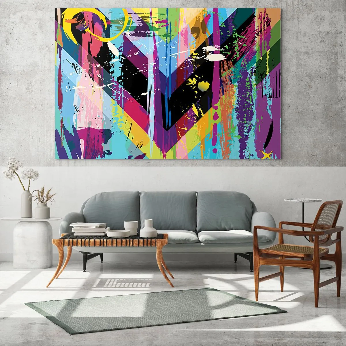 Quadro em vidro - Abstração colorida com formas dinâmicas e cores intensas - 70x50cm - De cima para baixo - Decoração de parede moderna para a sala de estar e quarto ARTTOR