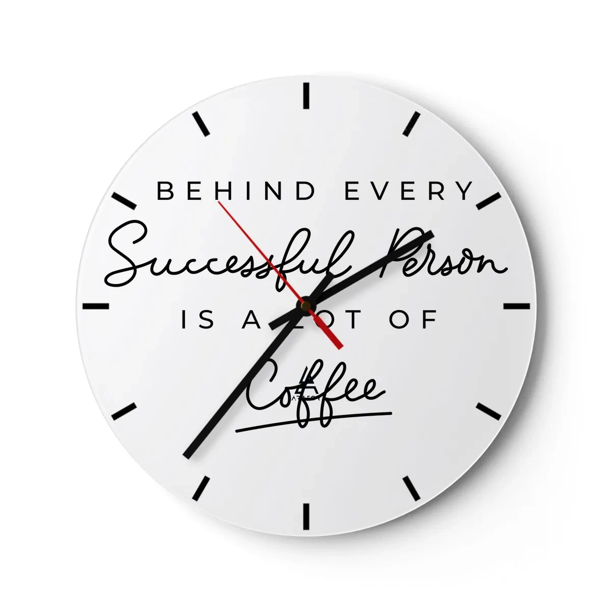 Relógio de parede - Relógio em vidro - Um relógio branco com uma inscrição motivacional sobre café. - 30x30cm - O segredo do sucesso - Decoração de parede moderna para a sala de estar, cozinha e quarto ARTTOR