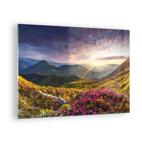 Quadro em vidro - Paisagem montanhosa ao nascer do sol com flores desabrochando - 70x50cm - A frescura de uma manhã nas montanhas - Decoração de parede moderna para a sala de estar e quarto ARTTOR