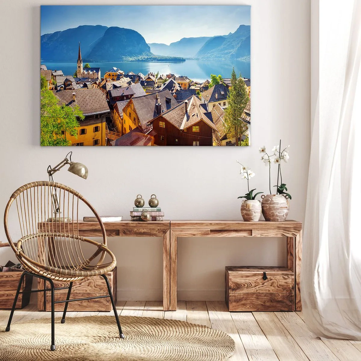 Quadro em tela - Uma vila pitoresca em um lago cercado por montanhas em um dia ensolarado - 70x50cm - Não poderia ser mais pitoresco - Decoração de parede moderna para a sala de estar e quarto ARTTOR