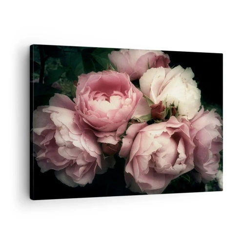 Quadro em tela - Um buquê de rosas em delicados tons de rosa e branco - 70x50cm - O encanto da belle epoque - Decoração de parede moderna para a sala de estar e quarto ARTTOR