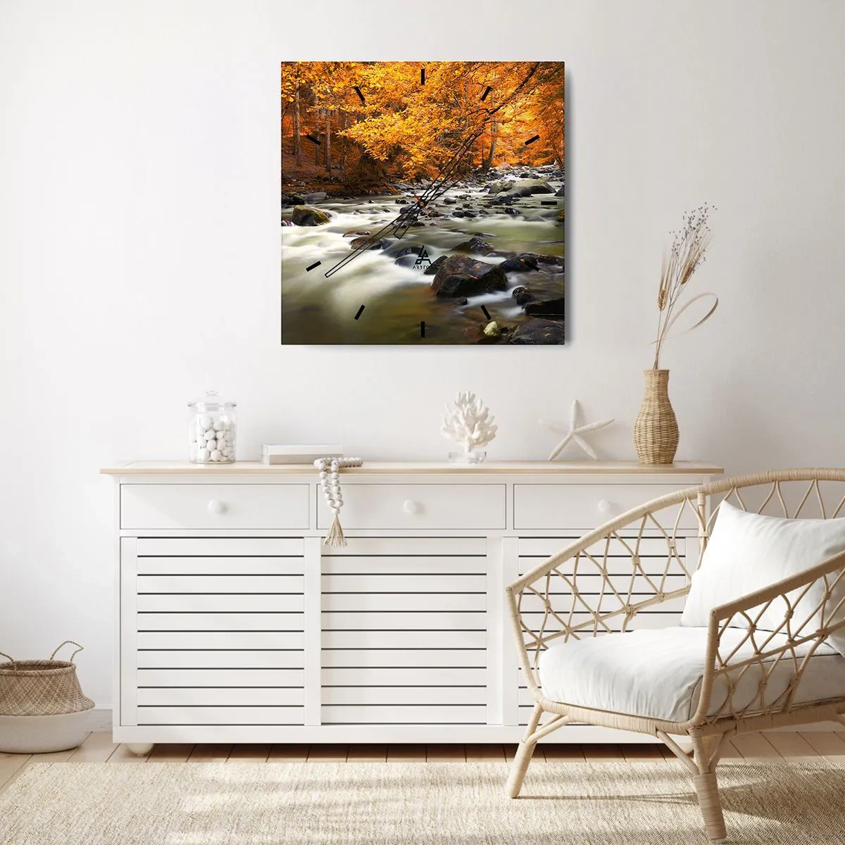 Relógio de parede - Relógio em vidro - Um riacho na floresta dourada - 30x30 cm