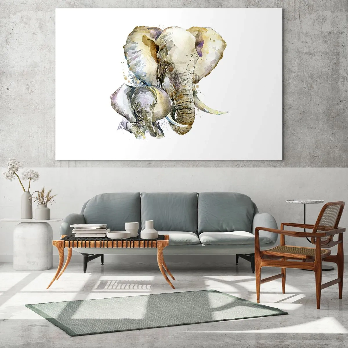 Quadro em vidro - Elefantes artísticos em estilo aquarela sobre fundo branco - 70x50cm - Nada melhor do que amor de mãe - Decoração de parede moderna para a sala de estar e quarto ARTTOR