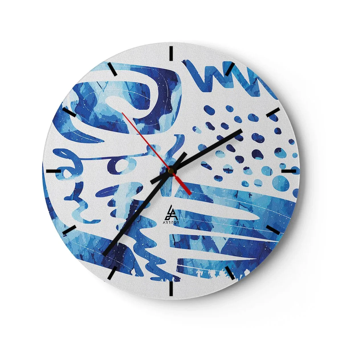 Relógio de parede - Relógio em vidro - Padrões azuis abstratos em um fundo branco - 30x30cm - Voltar às raízes - Decoração de parede moderna para a sala de estar, cozinha e quarto ARTTOR