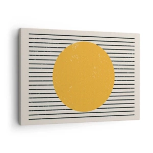 Quadro em tela - Um círculo amarelo em um fundo de linhas horizontais pretas e brancas - 70x50cm - O poder da simplicidade - Decoração de parede moderna para a sala de estar e quarto ARTTOR