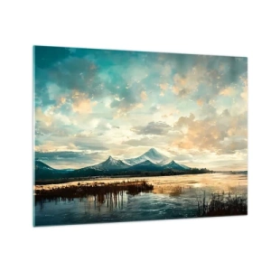 Quadro em vidro - Paisagem de inverno com montanhas e um lago congelado - 70x50cm - Sob a proteção do céu - Decoração de parede moderna para a sala de estar e quarto ARTTOR