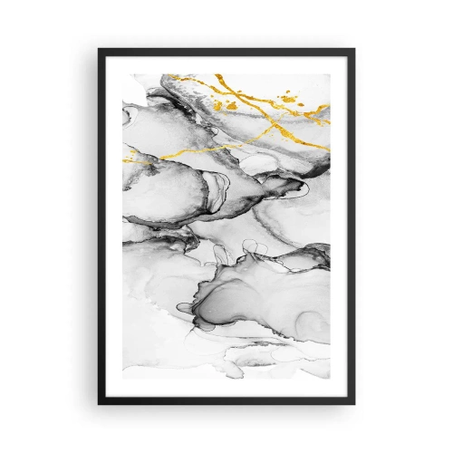 Pôster com moldura preta - Uma composição abstrata em tons de cinza com detalhes dourados. - 50x70cm - Composição dourada - Decoração de parede moderna para a sala de estar e quarto ARTTOR