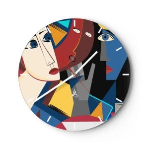 Relógio de parede - Relógio em vidro - Rostos cubistas em cores vibrantes em uma composição geométrica - 30x30cm - Uma conversa entre cubistas - Decoração de parede moderna para a sala de estar, cozinha e quarto ARTTOR