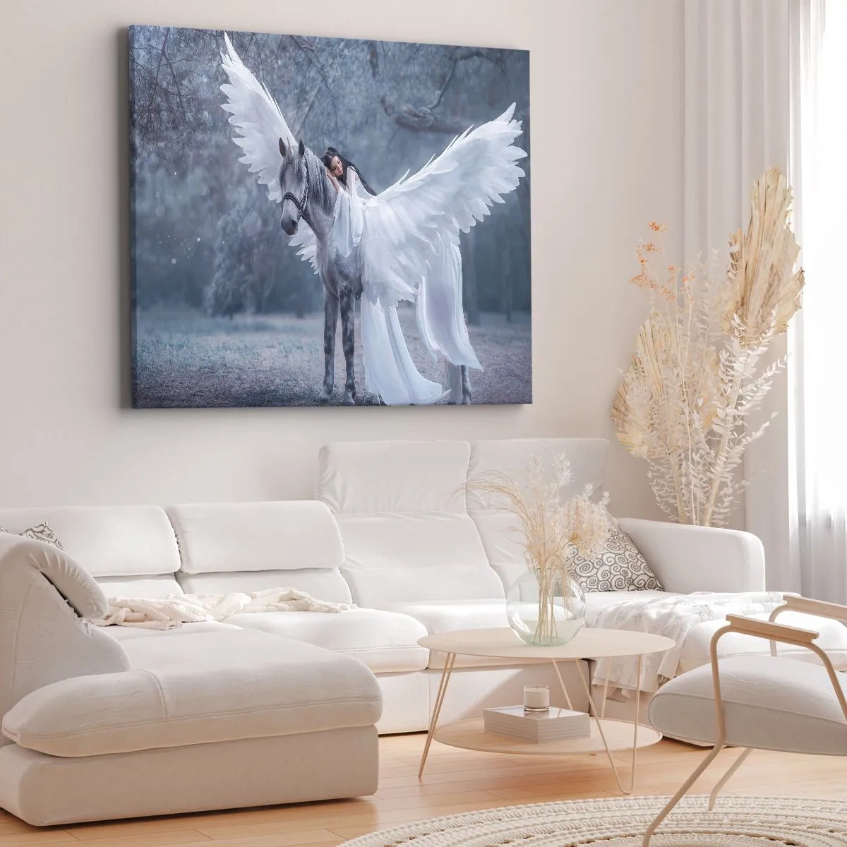 Quadro em tela - Uma mulher em um cavalo branco com asas em uma floresta mágica - 70x50cm - Momento inspirado - Decoração de parede moderna para a sala de estar e quarto ARTTOR
