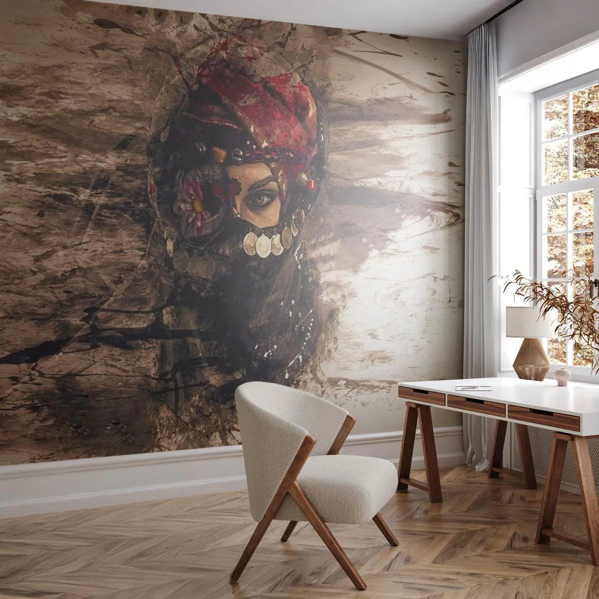 Papel de Parede Premium Canvas - Perturbador, para dizer o mínimo - Abstração, Rosto de mulher, Símbolos Orientais - 350x256 cm