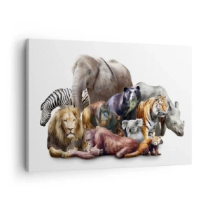 Quadro em tela - Uma variedade de animais selvagens em uma composição de grupo - 70x50cm - Fotografia de uma família africana - Decoração de parede moderna para a sala de estar e quarto ARTTOR
