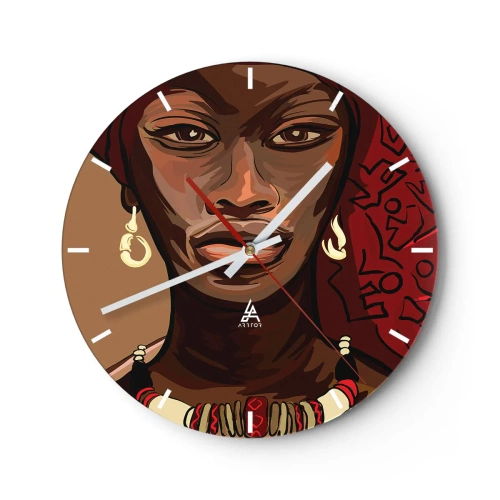 Relógio de parede - Relógio em vidro - Retrato de uma mulher em estilo africano com detalhes em vermelho - 30x30cm - Vénus de Ébano - Decoração de parede moderna para a sala de estar, cozinha e quarto ARTTOR
