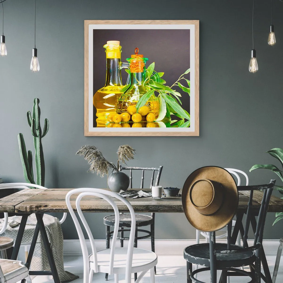 Pôster com moldura de carvalho claro - Natureza morta com azeitonas e azeite - 40x40 cm
