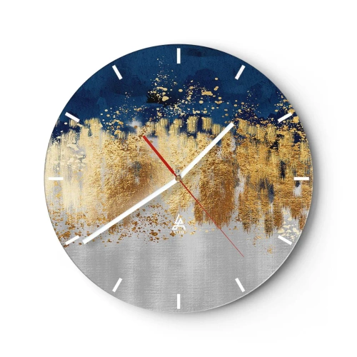 Relógio de parede - Relógio em vidro - Reflexos dourados e fundo azul-prateado em estilo abstrato - 30x30cm - Uma composição moderna com brilho - Decoração de parede moderna para a sala de estar, cozinha e quarto ARTTOR