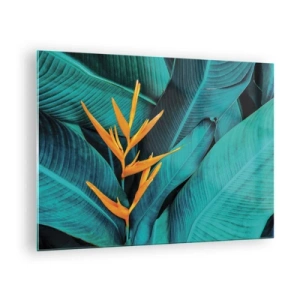 Quadro em vidro - Uma flor exótica em um fundo de grandes folhas verdes. - 70x50cm - Flor do Éden - Decoração de parede moderna para a sala de estar e quarto ARTTOR