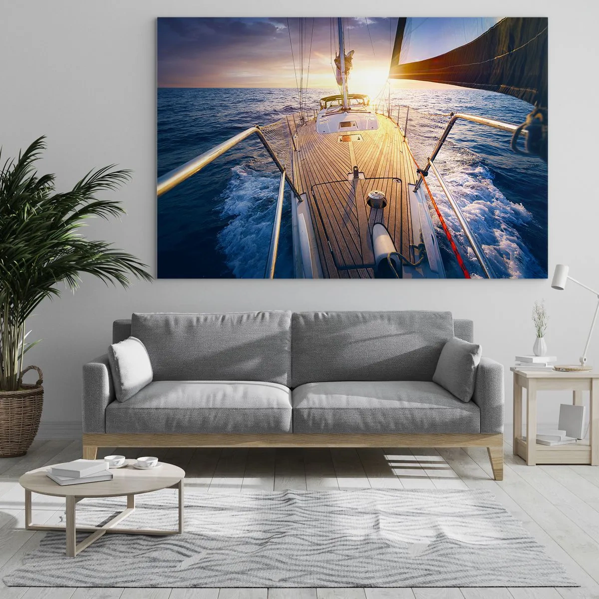 Quadro em vidro - O convés de um veleiro tendo como pano de fundo o pôr do sol e as ondas do mar - 70x50cm - Correr sobre as ondas - Decoração de parede moderna para a sala de estar e quarto ARTTOR