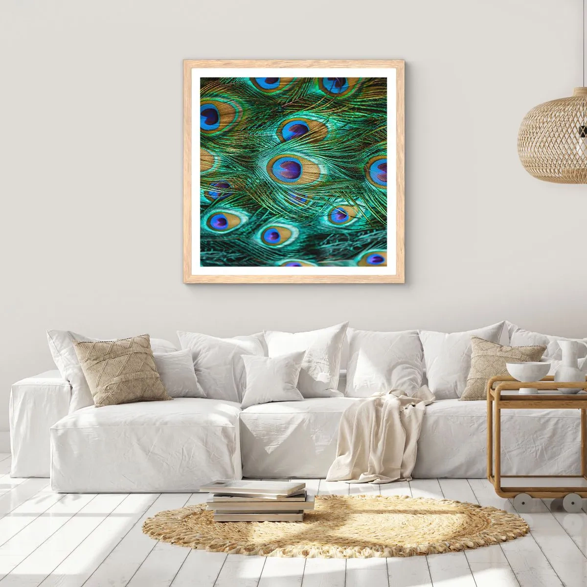 Pôster com moldura de carvalho claro - Um olhar de pavão - 40x40 cm