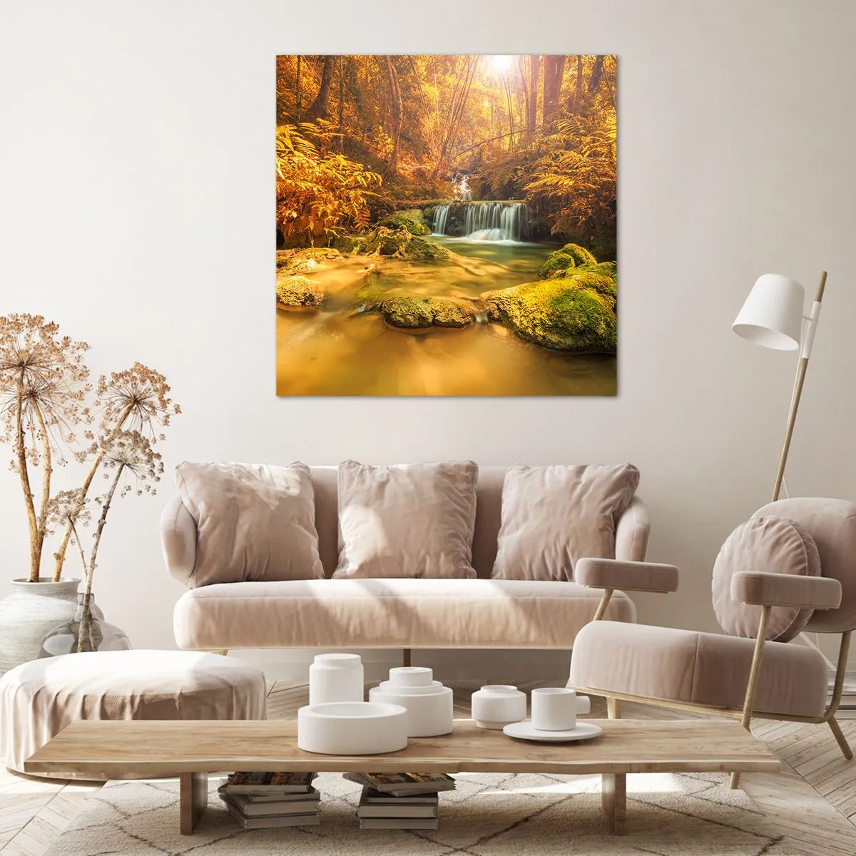 Quadro em tela - Cascata na floresta em ouro - 50x50 cm
